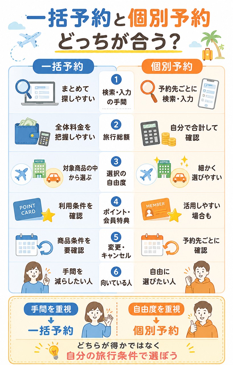 国内旅行の一括予約と個別予約を比較するイメージ